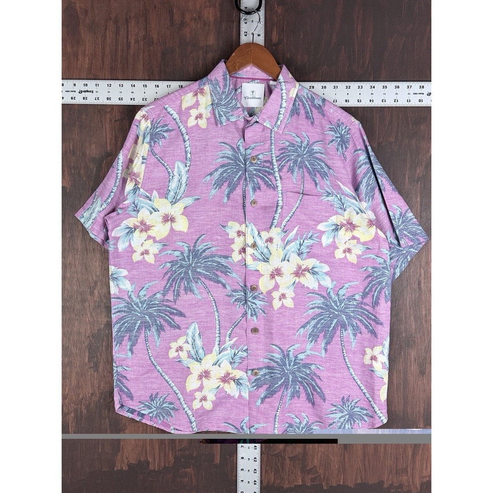 Caribbean Floral Hawaiian Button Up Shirt 60% Linen Short Sleeve Pink Men Large